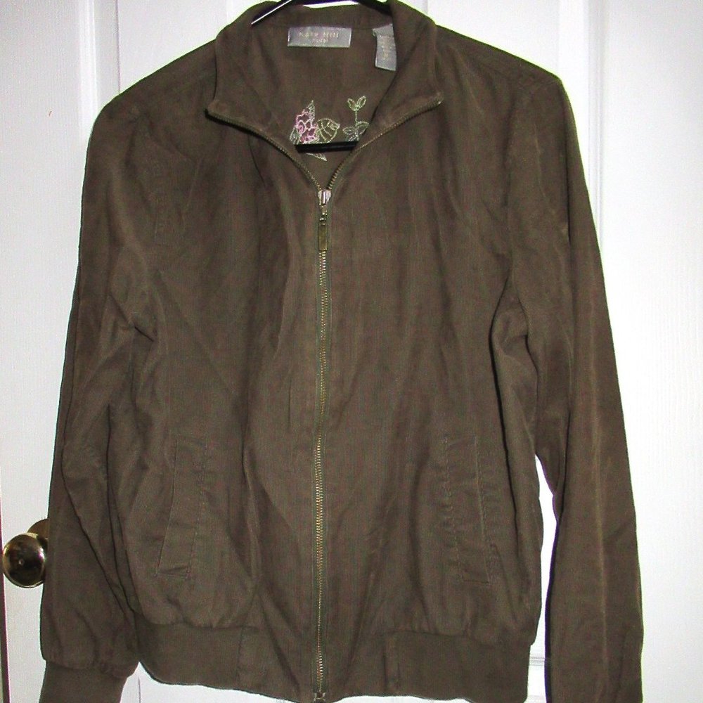 Ladies size M Kate Hill olive green corduroy full zipper jacket embroidered back